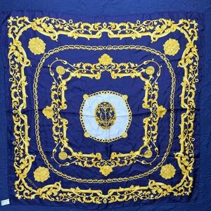 Faberge Navy Blue Gold Baroque Chain Print 100% Silk Square Scarf Hand Sewn 32in